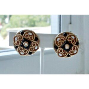 Michal Golin Vintage Clip-On Earrings Gold, Black, Pearl Power Fashion‎ 80s 90s